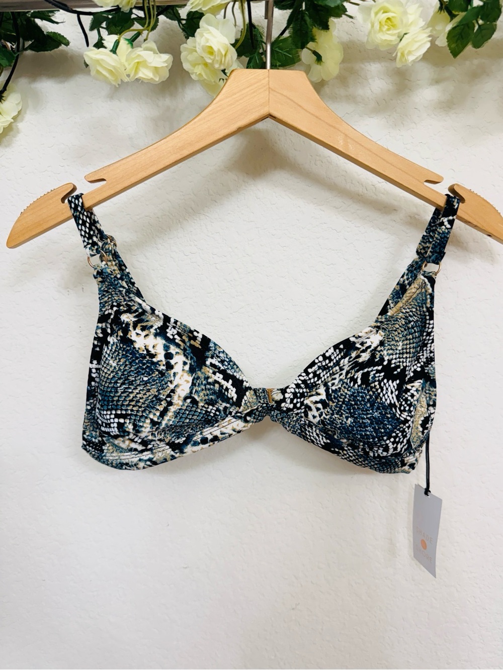 Shade & Shore • Snake Print Bikini Top in Black, White & Blue